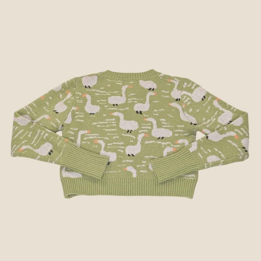 Cider Goose Knit Sweater XL Green Cropped Cottagecore Animal Print Novelty Top - Picture 7 of 12